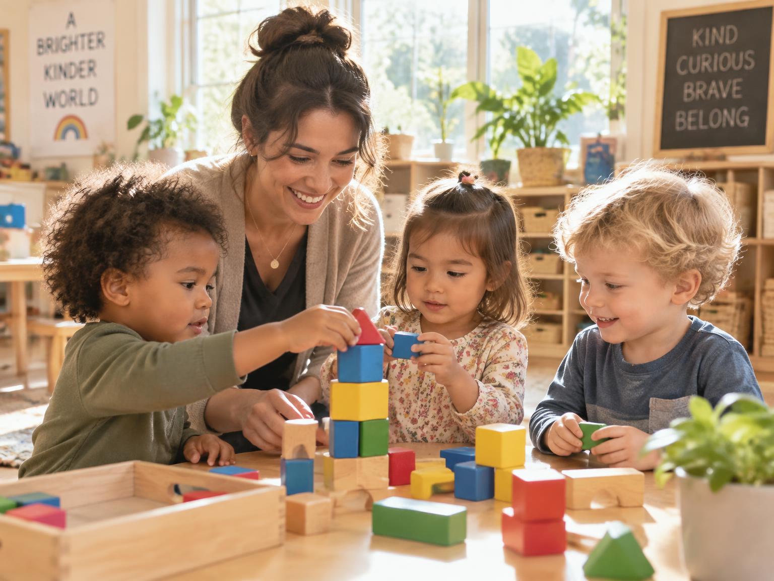 A teacher building with blocks alongside three toddlers